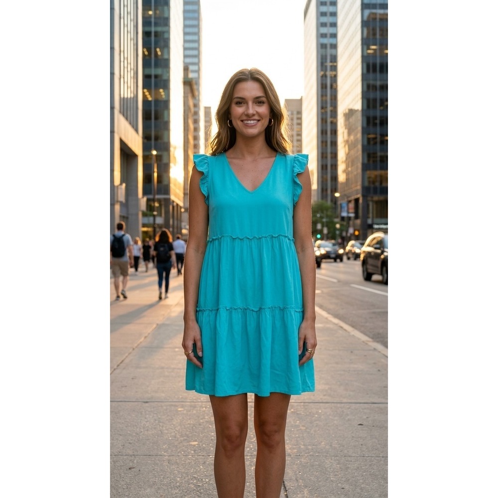 Zenana‎ Women's Teal Tiered Ruffle Sleeve Shift Mini Babydoll Dress Rayon Small